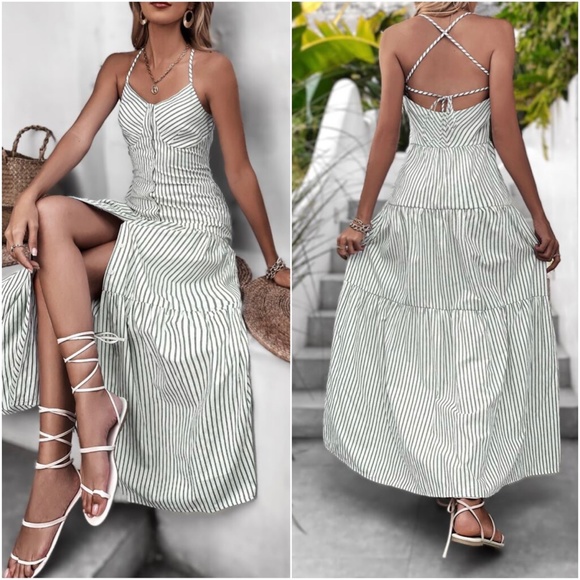 Boho Striped Button up Criss Cross Maxi Dress - Picture 2 of 4